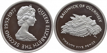 Гернси 25 пенсов 1977 25 лет правления Елизаветы II, крепость KM 31a серебро PROOF 02-090-31