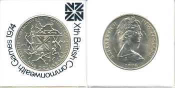Новая Зеландия 1 доллар 1974 X Игры Британского Содружества наций, Елизавета II (1952-2022), в оригинальной пластиковой упаковке KM 44 медно-никель UNC 06-059-6