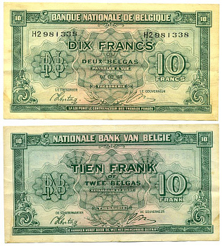 БЕЛЬГИЯ 10 ФРАНКОВ 1944 1 ФЕВРАЛЯ 1943, КОРОЛЬ В ИЗГНАНИИ Pick 122 бумага 7486-66-2-2