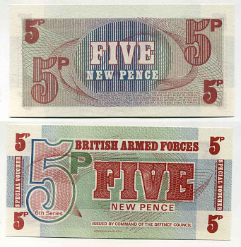АНГЛИЯ 5 ПЕНСОВ 1972 ДЛЯ ВООРУЖЕННЫХ СИЛ, 6 СЕРИЯ, BRADBURY WILKJSON @ Co Pick М44 бумага UNC (ПРЕСС) 8589-46-1-2