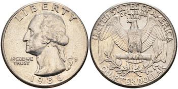 США 25 центов = квотер 1986 D, Вашингтон KM A164a медь плакированная медно-никелем 4584-1232