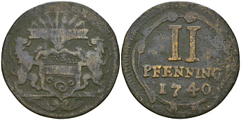 Мюнстер 2 пфеннига 1740 городские деньги KM 337 медь 99-846