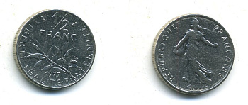ФРАНЦИЯ 1/2 ФРАНКА 1977 СЕЯТЕЛЬ KM 931.1, LE FRANC 198.16 никель 57-1153