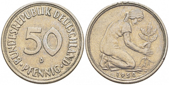 ФРГ 50 ПФЕННИГОВ 1950 D KM 109.1, J. 384 медно-никель 3851-1028