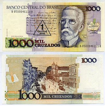 БРАЗИЛИЯ 1 КРУЗАДО 1989 СЕРИЯ В 0500, НАДПЕЧАТКА НА 1000 КРУЗАДО, МАЧАДО ДЕ АССИС Pick 216b бумага UNC (ПРЕСС) 7204-17-3