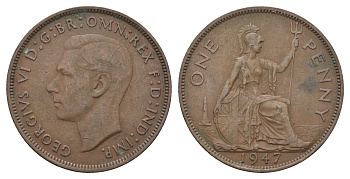 Великобритания 1 пенни 1947 Георг VI (1936-1952) KM 845, Spink 4114 бронза 4661-833