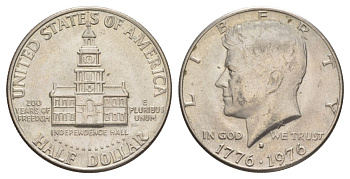 США 1/2 доллара (50 центов) 1976 D, 200 лет независимости, Джон Кеннеди KM 205 медь плакированная медно-никелем aUNC 4545-612
