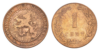 Нидерланды 1 цент 1904 Вильгельмина (1890-1948) KM 132 бронза 73-169