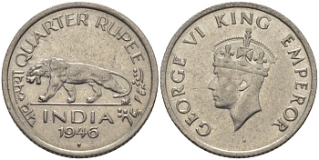 Британская Индия 1/4 рупии 1946 Георг VI (1936-1952) KM 548 никель 100-341