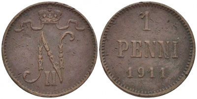 Россия для Финляндии 1 пенни 1911 Николай II (1894-1917) KM 13, Биткин 471 медь 4396-1346