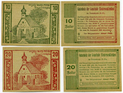 Австрия, Нидернойкирхен набор из 2 банкнот 10 и 20 геллеров 1920 24 апреля 1920 - 31 декабря 1920, нотгельд, коммуна в земле Верхняя Австрия   бумага  UNC (пресс) 7555-27-2-1