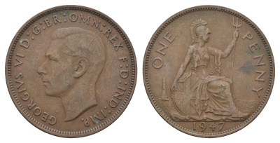 Великобритания 1 пенни 1947 Георг VI (1936-1952) KM 845, Spink 4114 бронза 4661-833