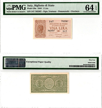 Италия 1 лира 1944 в слабе PMG 64, подписи: Ventura / Simoneschi / Giovinco Pick 29 a бумага UNC (пресс) 452-2-105