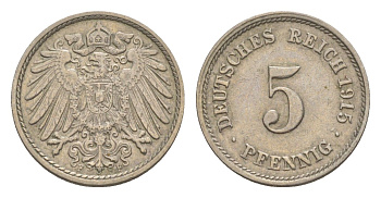 Германия 5 пфеннигов 1915 F, Вильгельм II (1888-1918) KM 11, J. 12 медно-никель 4640-153