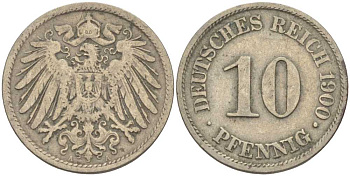 Германия 10 пфеннигов 1900 A KM 12, J. 13 медно-никель 4401-1156