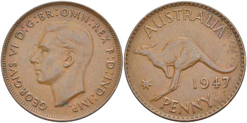 АВСТРАЛИЯ 1 ПЕННИ 1947 m, ГЕОРГ VI (1936-1952), КЕНГУРУ KM 36 бронза 4512-1136