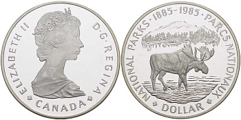 Канада 1 доллар 1985 100 лет национальному парку (1885-1985), лось KM 143 серебро PROOF 02-038-11