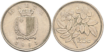 Мальта 25 центов 1991 шиповник вечнозелёный KM 97 медно-никель 186-814
