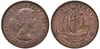 Великобритания 1/2 пенни 1959 Елизавета II (1952-2022) KM 896, Spink 4158 бронза 4122-826