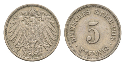 Германия 5 пфеннигов 1915 F, Вильгельм II (1888-1918) KM 11, J. 12 медно-никель 4640-153