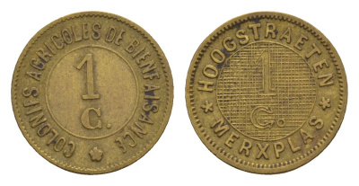 Бельгия, Мерксплас (Merksplas), Антверпен, Prison Hoogstraeten 1 сантим ND (1886-1911) жетон государственной тюрьмы TC?378671 латунь 413-6711