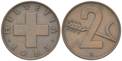 Швейцария 2 раппена 1963 B KM 47 бронза 4115-1146
