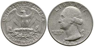 США 25 центов (квотер) 1967 Вашингтон KM 164а медь плакированная медно-никелем 4382-1046