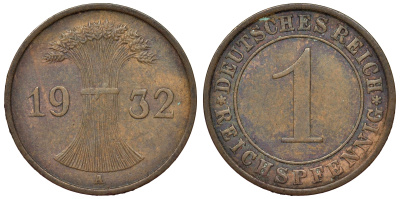 Германия 1 рейхспфенниг 1932 A KM 37, J. 313 бронза 4124-124