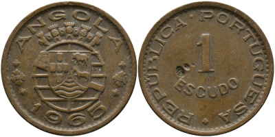 Португальская Ангола 1 эскудо 1965 KM 76 бронза 33-953
