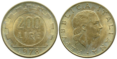 Италия 200 лир 1978 R, шестерня KM 105 алюминиевая бронза 4383-1033