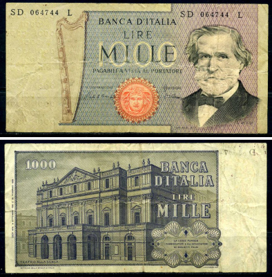 Италия 1000 лир 1980 6 сентября 1980 Джузеппе Верди, Милин Ла Скала, Pick 101g бумага 6293-44-4-2