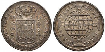 Бразилия 960 рейс 1814 В, монетный двор Бахия (Bahia), перечекан, патина, Жоао принц-регент (1799-1818) KM 307.1 серебро 00-815-14