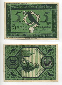 МЕРЗЕБУРГ 5 ПФЕННИГОВ 1921 НОТГЕЛЬД, 1 МАЯ 1921, ЗЕМЛЯ САКСОНИЯ-АНХАЛЬТ Grabowski 884.1 бумага 7217-53-5