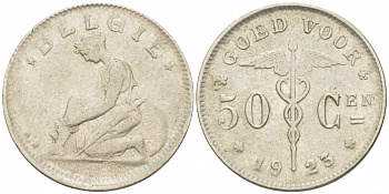 БЕЛЬГИЯ 50 САНТИМОВ 1923 BELGIE KM 88 никель 261-1657