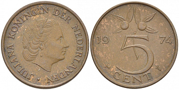НИДЕРЛАНДЫ 5 ЦЕНТОВ 1974 ЮЛИАНА KM 181 бронза 214-827