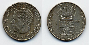 Швеция 1 крона 1958 TS, Густав VI Адольф (1950-1973) KM 826 серебро 25-942