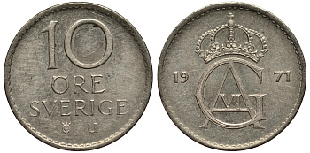 Швеция 10 эре 1971 Густав VI Адольф (1950-1973) KM 835 медно-никель XF- 4181-119