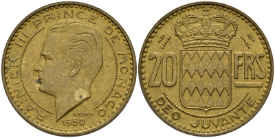 Монако 20 франков 1950 Ренье III (1949-2005) KM 131 алюминиевая бронза    4601-833