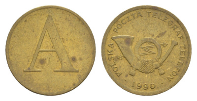 Польша телефонный жетон 1990 диаметр 19 мм, вес 2,5 гр латунь aUNC 4655-719