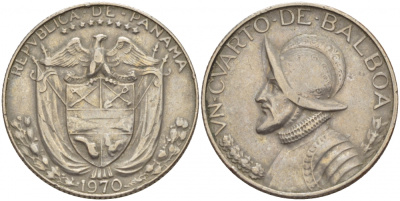 Панама 1/4 бальбоа 1970 Васко Нуньес де Бальбоа KM 11а медь плакированная медно-никелем 4544-745