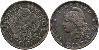 Аргентина 2 сентаво 1890 голова свободы влево KM 8 бронза 4531-932