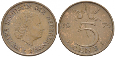 НИДЕРЛАНДЫ 5 ЦЕНТОВ 1974 ЮЛИАНА KM 181 бронза 214-827