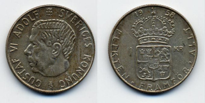 Швеция 1 крона 1958 TS, Густав VI Адольф (1950-1973) KM 826 серебро 25-942