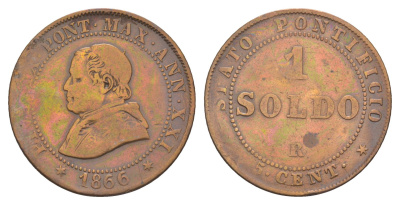 Папская область 1 сольдо 1866 R, Пий IX (1846-1878) KM 1372.1 медь 4652-723