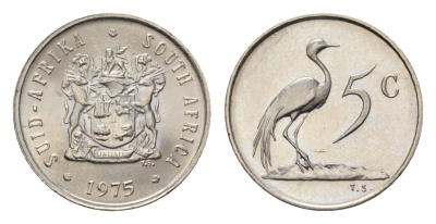 ЮАР 5 центов 1975 герб, райский журавль KM 84 никель UNC 4690-943