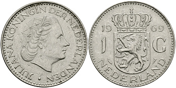 Нидерланды 1 гульден 1969 Юлиана (1948-1980) KM 184a никель 94-617
