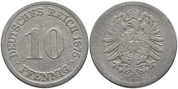 ГЕРМАНИЯ 10 ПФЕННИГОВ 1875 А, СТАРОГЕРБОВКА KM 4, J.4 медно-никель 96-626