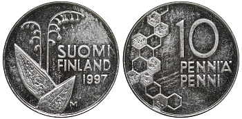 ФИНЛЯНДИЯ 10 ПЕННИ 1997 M, ЛАНДЫШ KM 65 медно-никель UNC 3334-1155