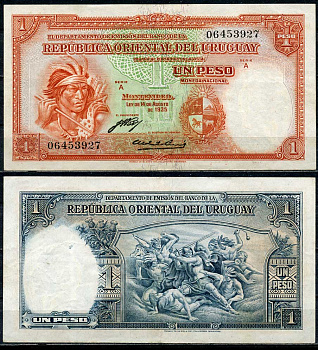 Уругвай 1 песо 1935 индеец, конкистадор, сражающийся с индейцами, серия A, две подписи Pick 28 a  бумага   451-71-2