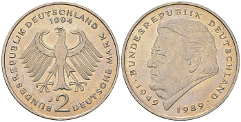 ФРГ 2 марки 1994 J, Франц Йозеф Штраус, 40 лет Федеративной Республике KM 175 медно-никель 4572-824